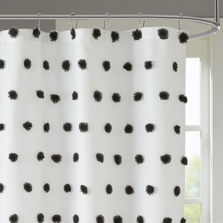 Madison Park Sophie Shower Curtain - White with Black Pom Poms - 72x72 Inches - Machine Washable