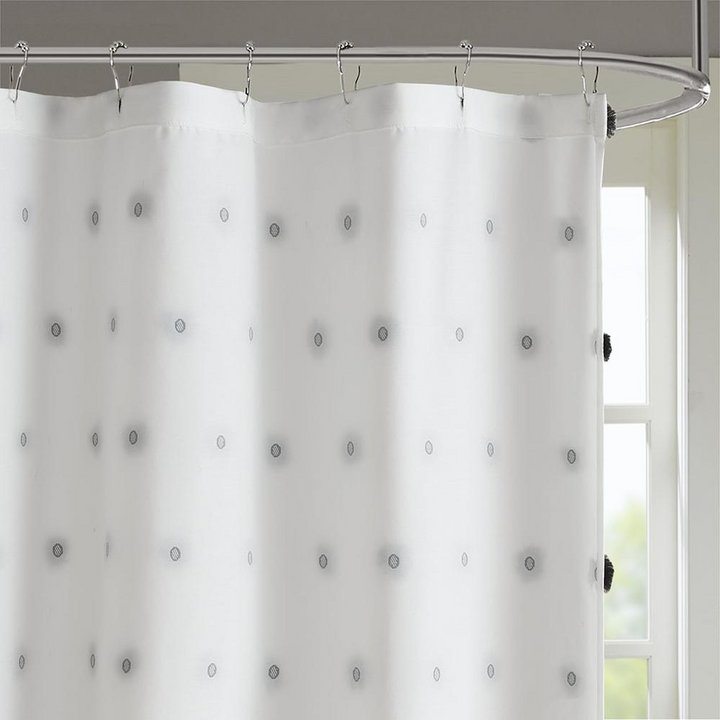 Madison Park Sophie Shower Curtain - White with Black Pom Poms - 72x72 Inches - Machine Washable