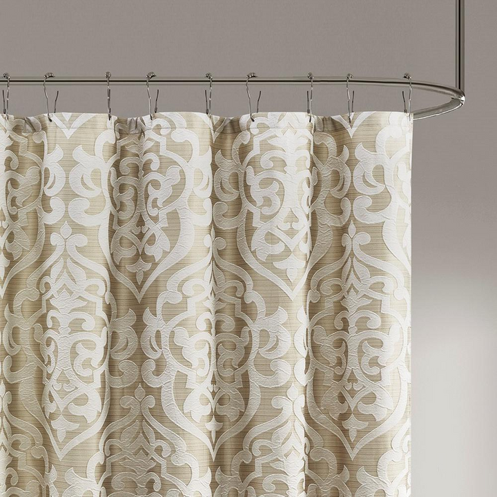 Madison Park Odette Jacquard Shower Curtain - Ivory Damask Medallion Design - 72x72 Inches