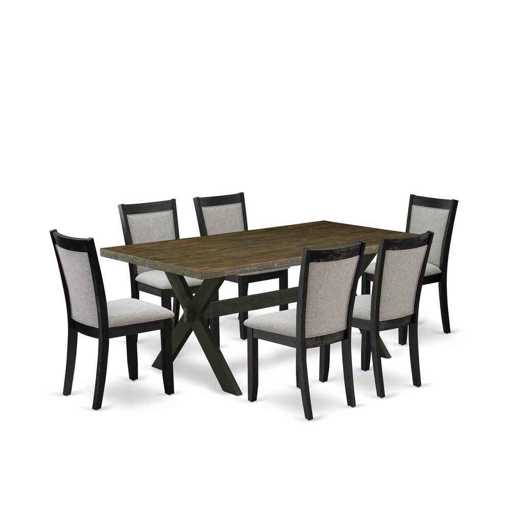 East West Furniture 7 Piece Dining Set - Distressed Jacobean Top Dinning Table with Trestle Base and 6 Shitake Linen Fabric Mid Century Dining Chairs - Wire Brushed Black Finish