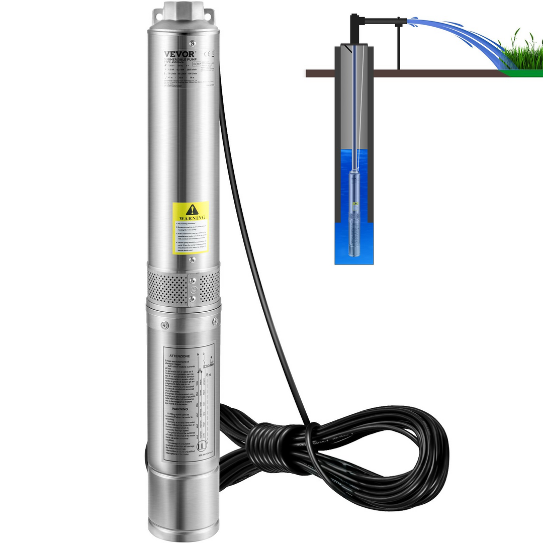 VEVOR Deep Well Submersible Pump - 2HP/1500W, 230V/60Hz, 37GPM, 427 ft Head, Stainless Steel Water Pump