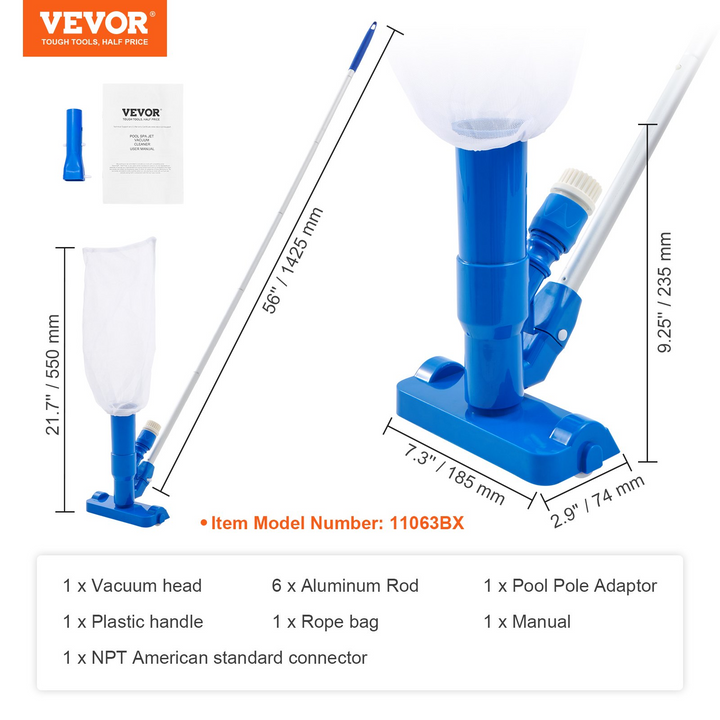 VEVOR Portable Pool Vacuum with 56" Pole - Handheld Cleaner for Above Ground Pool, Inflatable Pool, Spas, Ponds & Fountains