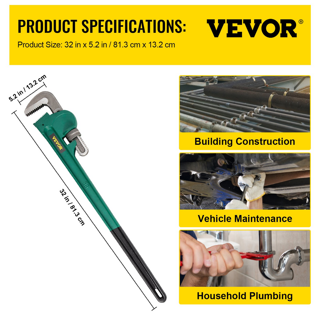 VEVOR 36-Inch Cast Steel Straight Pipe Wrench for 2” to 3-1/2” Pipes - Adjustable Heavy Duty Plumbing Pipe Wrench with 5” Jaw Capacity - Plumbers Pliers Tool