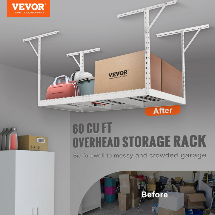VEVOR Overhead Garage Storage Rack - 3x6 Heavy Duty Adjustable Ceiling Storage Racks (White)