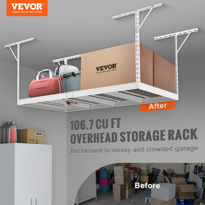VEVOR Overhead Garage Storage Rack - 4x8 Heavy Duty Adjustable Ceiling Storage Racks (White)