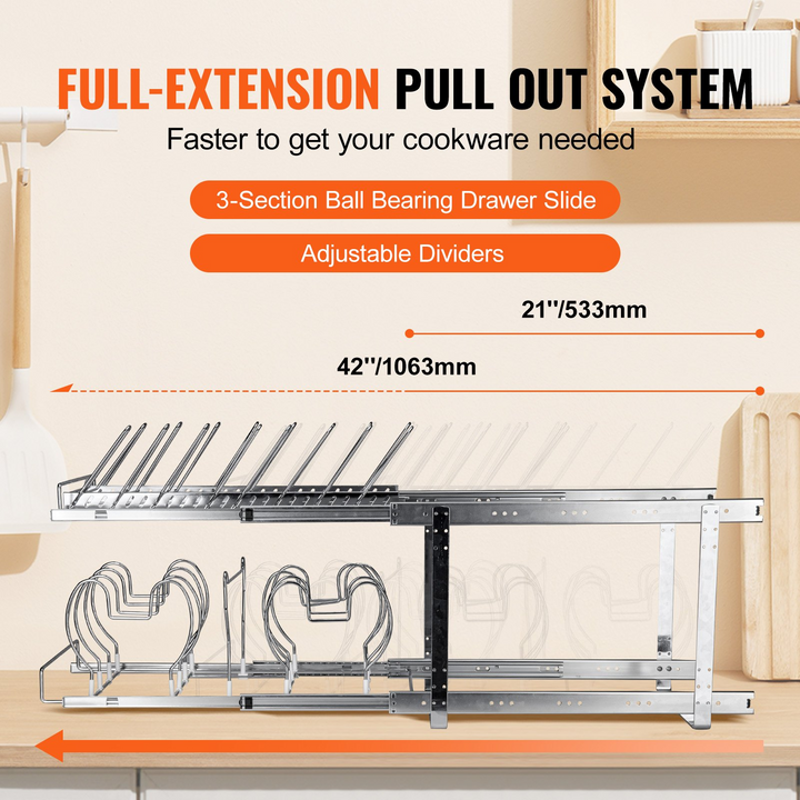 VEVOR Pan and Pot Rack, 2-Tier Expandable Pull Out Under Cabinet Organizer, Cookie Sheet Baking Pans Tray Racks, Adjustable Wire Dividers, Steel Lid Holder for Kitchen Cabinet & Pantry Storage, 12"W