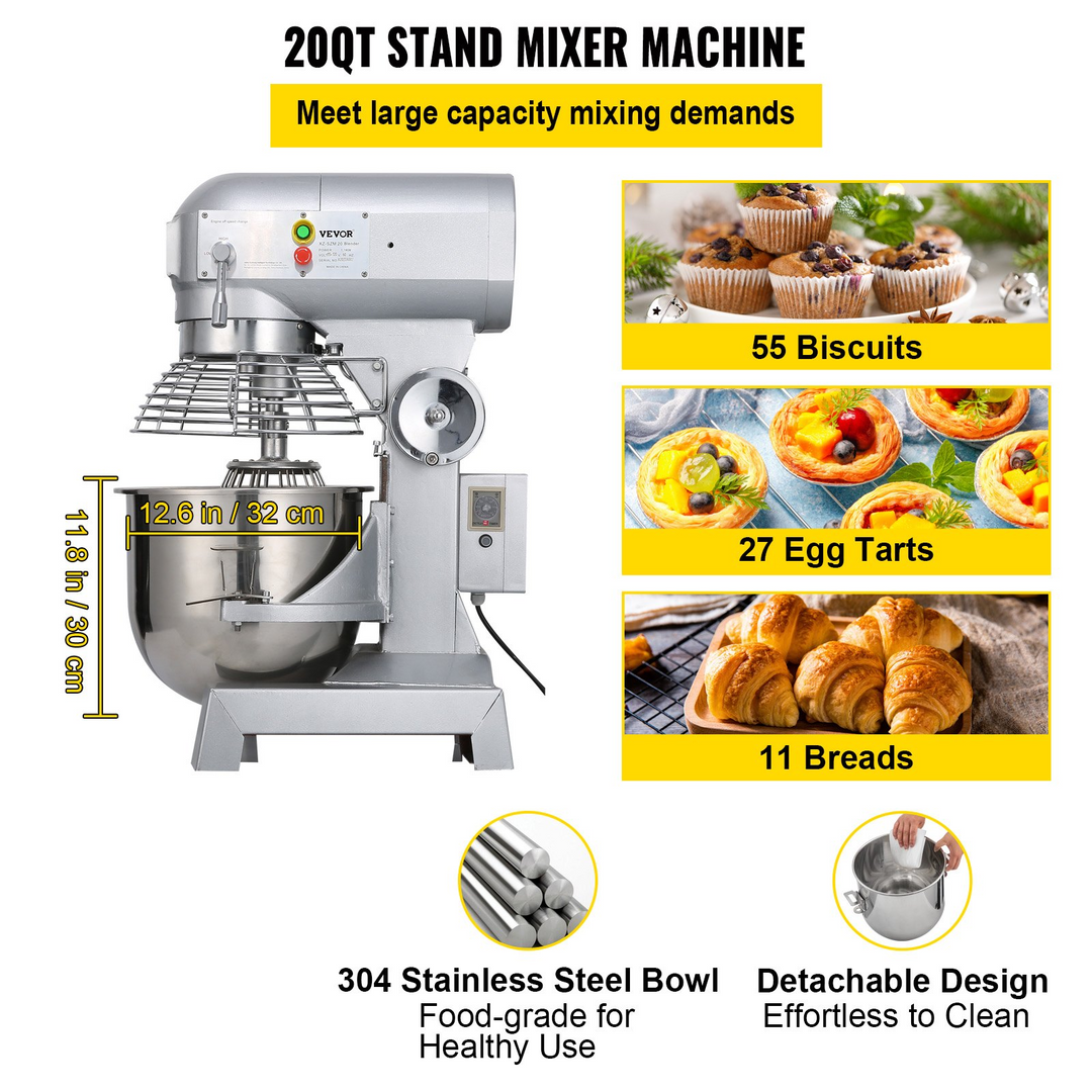 VEVOR Commercial Food Mixer 20Qt 750W 3-Speed Adjustable Heavy Duty with Stainless Steel Bowl