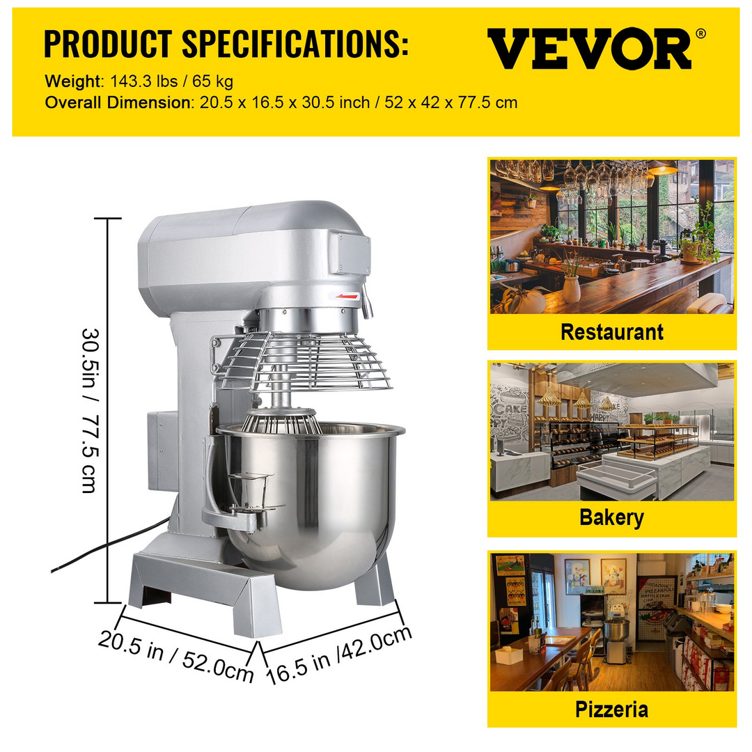 VEVOR Commercial Food Mixer 20Qt 750W 3-Speed Adjustable Heavy Duty with Stainless Steel Bowl