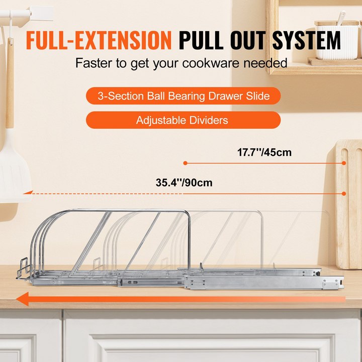 VEVOR Pan and Pot Rack, Expandable Pull Out Under Cabinet Organizer, Cookie Sheet Baking Pans tray Organization, Adjustable Wire Dividers, Steel Lid Holder for Kitchen Cabinet & Pantry Storage, 11.7"W