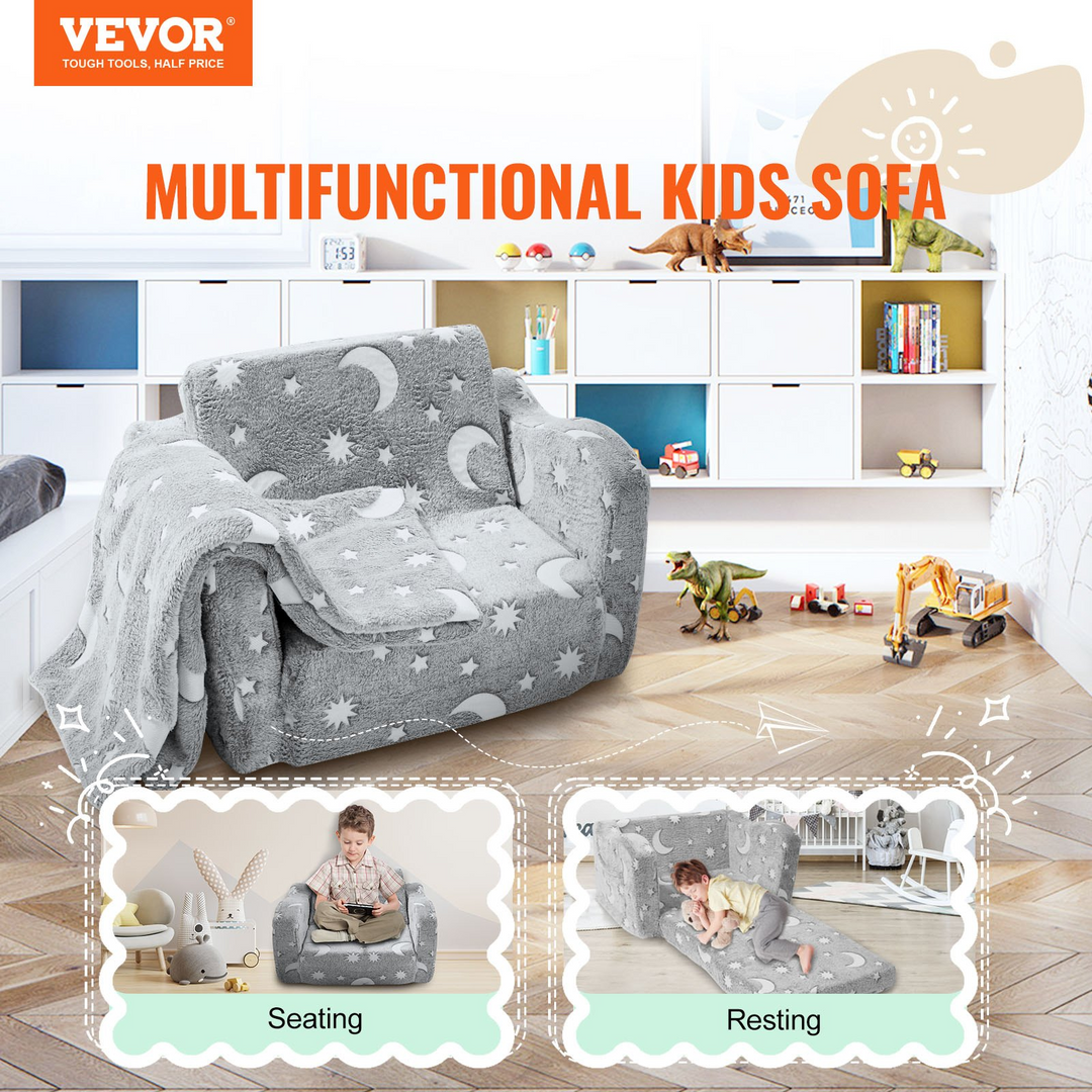 VEVOR Fold-out Kids Sofa, Glow-in-the-Dark 2-in-1 Convertible Couch, Extra Soft Toddler Chair & Lounger for Bedroom and Playroom