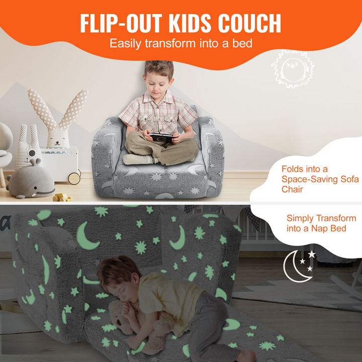 VEVOR Fold-out Kids Sofa, Glow-in-the-Dark 2-in-1 Convertible Couch, Extra Soft Toddler Chair & Lounger for Bedroom and Playroom