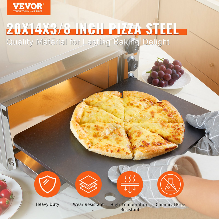 VEVOR Pizza Steel, 20" x 14" x 3/8" Pizza Steel Plate for Oven, Pre-Seasoned Carbon Steel Pizza Baking Stone with 20X Higher Conductivity, Heavy Duty Rustproof Pizza Pan for Outdoor Grill, Indoor Oven