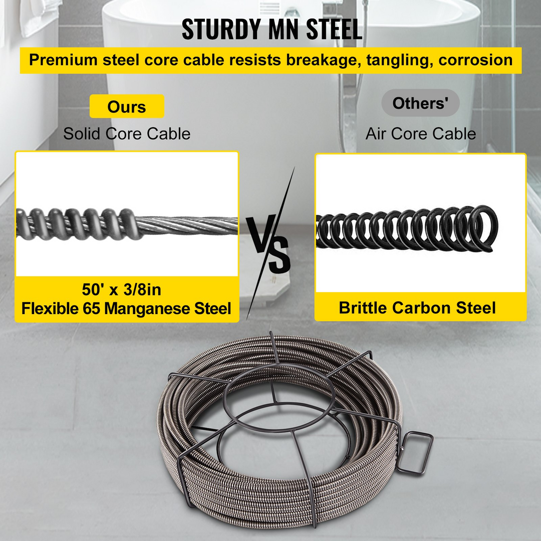 VEVOR Drain Cleaning Cable 50 Feet x 3/8 Inch Solid Core Cable Sewer Cable Drain Auger Cable Cleaner Snake Clog Pipe Drain Cleaning Cable Sewer Drain Auger Snake Pipe