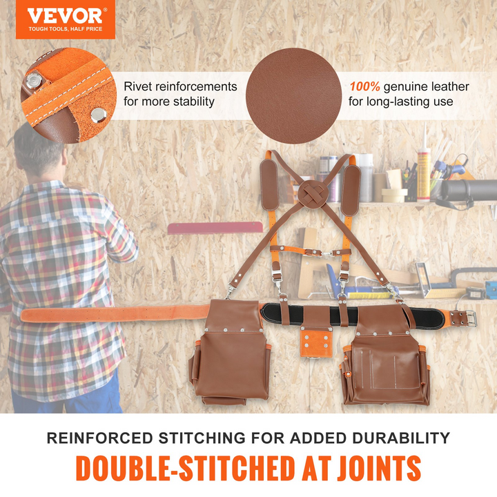 VEVOR Leather Tool Belt with Suspenders, 19 Pockets, Adjustable Waist Size 29-54 inches, Heavy Duty Carpenter Tool Pouch for Men, Electricians, and Gardeners, Brown