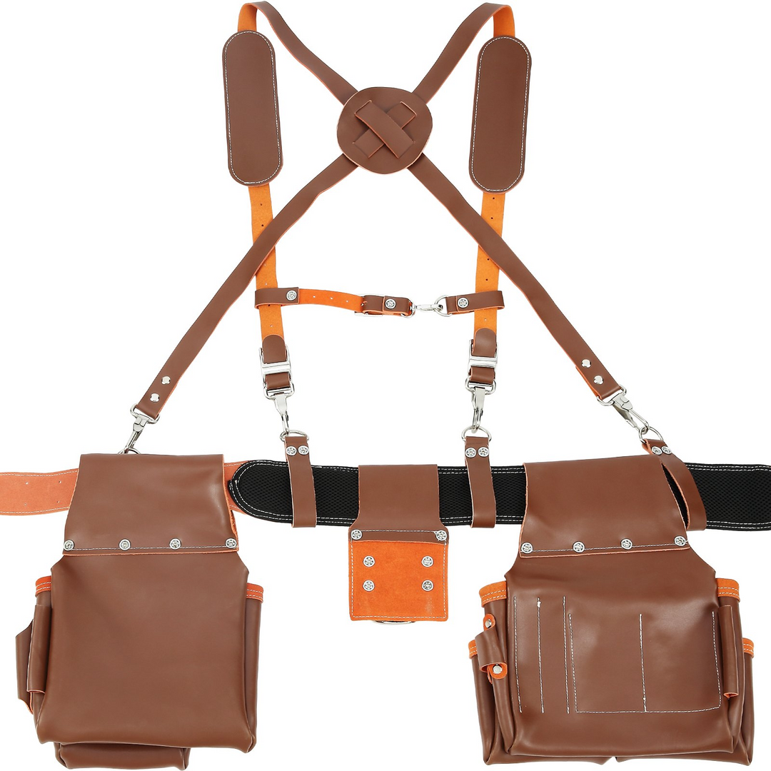 VEVOR Leather Tool Belt with Suspenders, 19 Pockets, Adjustable Waist Size 29-54 inches, Heavy Duty Carpenter Tool Pouch for Men, Electricians, and Gardeners, Brown