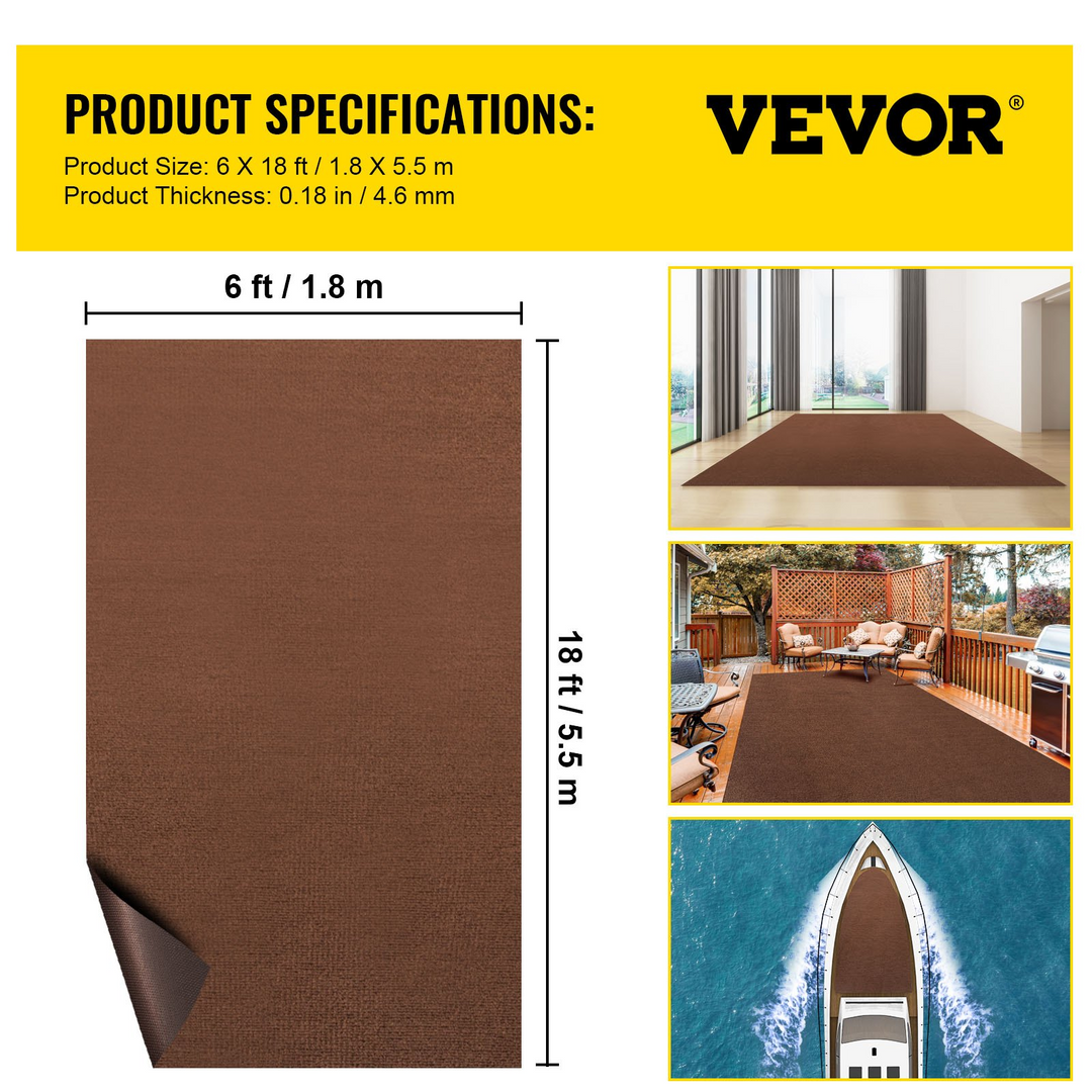 VEVOR Marine Grade Boat Carpet - Deep Brown 6 x 18 ft Waterproof Roll for Home, Patio, Porch, Deck