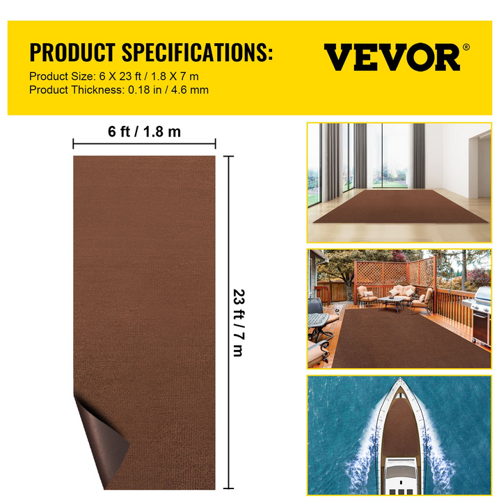 VEVOR Marine Grade Boat Carpet - Deep Brown 6 x 23 ft Waterproof Roll for Home, Patio, Porch, Deck
