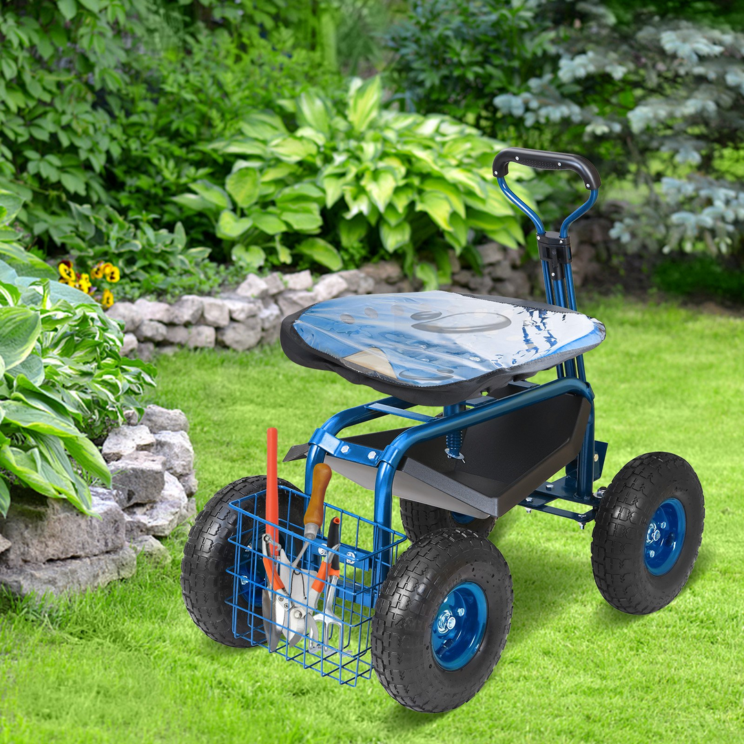 VEVOR Garden Cart Rolling Workseat with Wheels, Gardening Stool for Planting, 360 Degree Swivel Seat, Wagon Scooter with Steering Handle & Utility Tool Tray, Use for Patio, Yard, and Outdoors, Blue