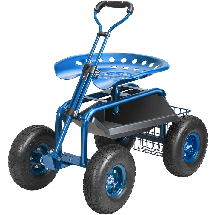 VEVOR Garden Cart Rolling Workseat with Wheels, Gardening Stool for Planting, 360 Degree Swivel Seat, Wagon Scooter with Steering Handle & Utility Tool Tray, Use for Patio, Yard, and Outdoors, Blue