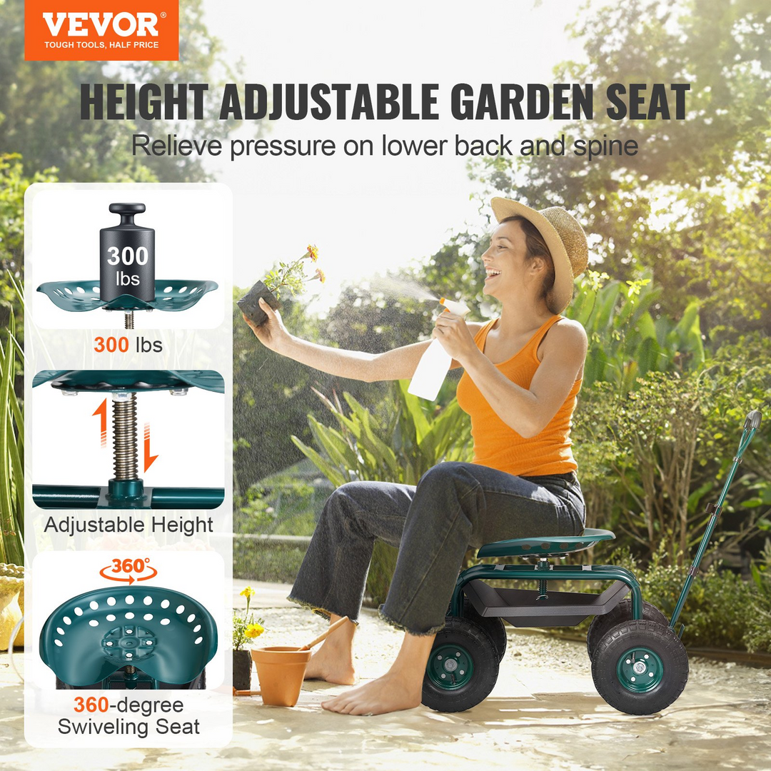 VEVOR Green Garden Cart Rolling Workseat: Versatile Gardening Stool with Swivel Seat and Large Storage