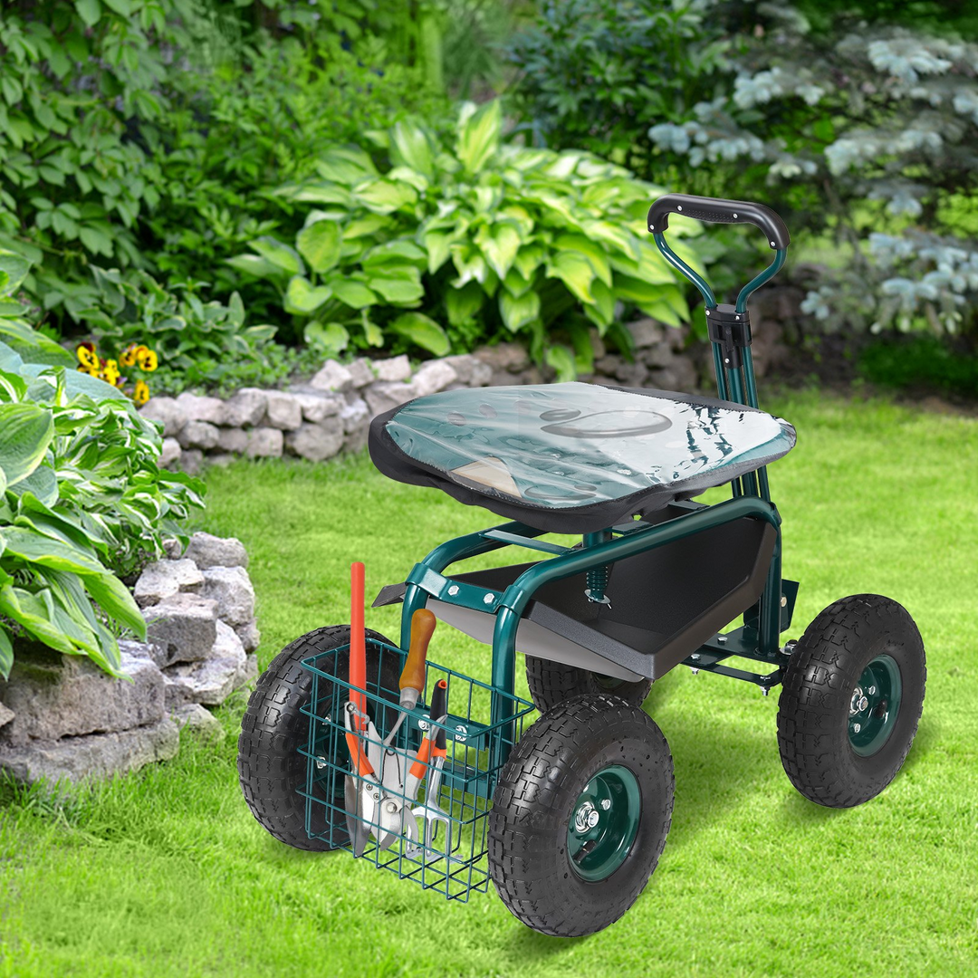 VEVOR Green Garden Cart Rolling Workseat: Versatile Gardening Stool with Swivel Seat and Large Storage