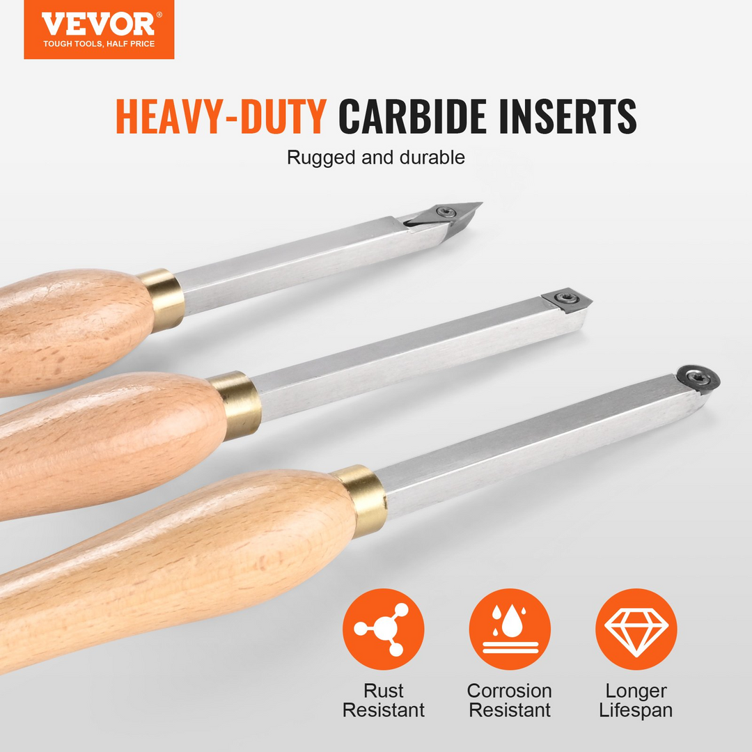 VEVOR Wood Lathe Chisel Set, 3 PCS Woodworking Turning Tools, Includes Square, Round, Diamond Carbide Blades, 7.87" Comfortable Grip Handles, Wood Chisel Set with Wooden Box For Turning Pens or Small