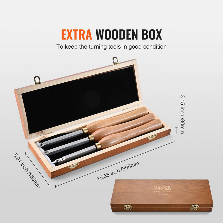 VEVOR Wood Lathe Chisel Set, 3 PCS Woodworking Turning Tools, Includes Square, Round, Diamond Carbide Blades, 7.87" Comfortable Grip Handles, Wood Chisel Set with Wooden Box For Turning Pens or Small