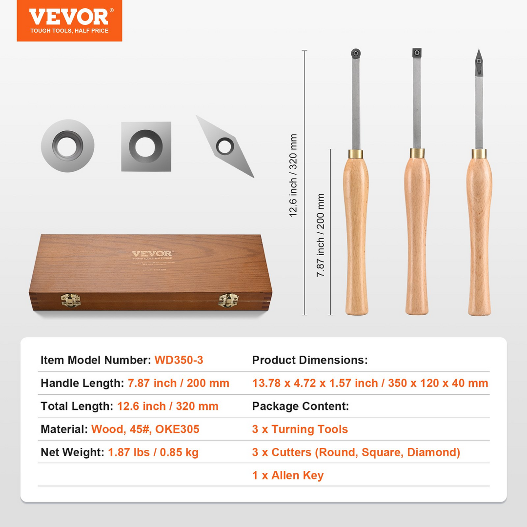 VEVOR Wood Lathe Chisel Set, 3 PCS Woodworking Turning Tools, Includes Square, Round, Diamond Carbide Blades, 7.87" Comfortable Grip Handles, Wood Chisel Set with Wooden Box For Turning Pens or Small