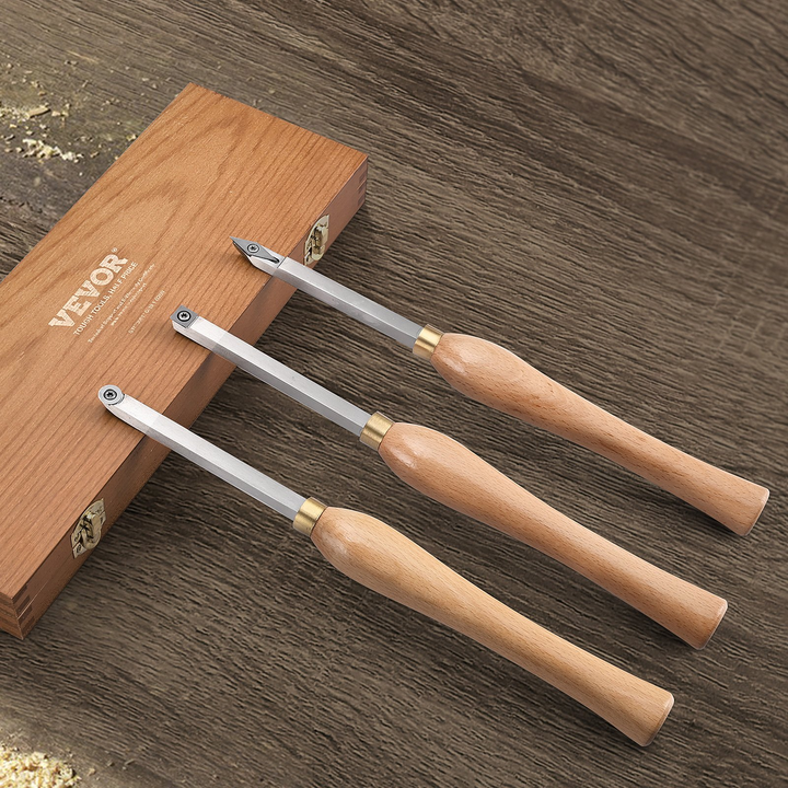 VEVOR Wood Lathe Chisel Set, 3 PCS Woodworking Turning Tools, Includes Square, Round, Diamond Carbide Blades, 7.87" Comfortable Grip Handles, Wood Chisel Set with Wooden Box For Turning Pens or Small