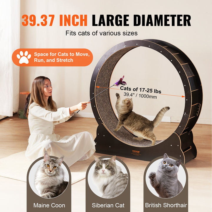 VEVOR Cat Exercise Wheel | Large 43.3" Indoor Cat Treadmill with Detachable Carpet & Teaser