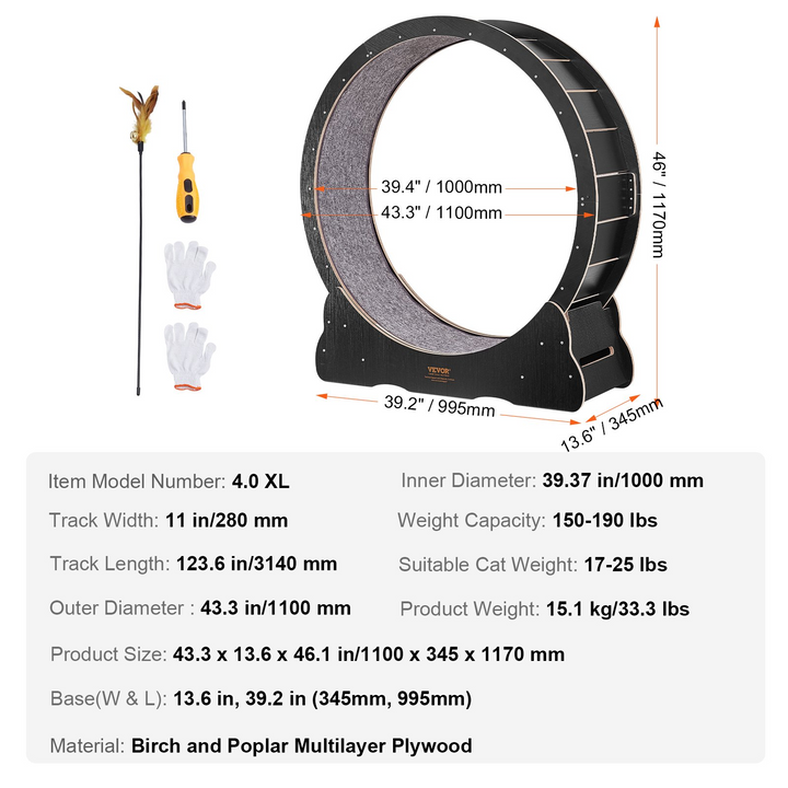 VEVOR Cat Exercise Wheel | Large 43.3" Indoor Cat Treadmill with Detachable Carpet & Teaser