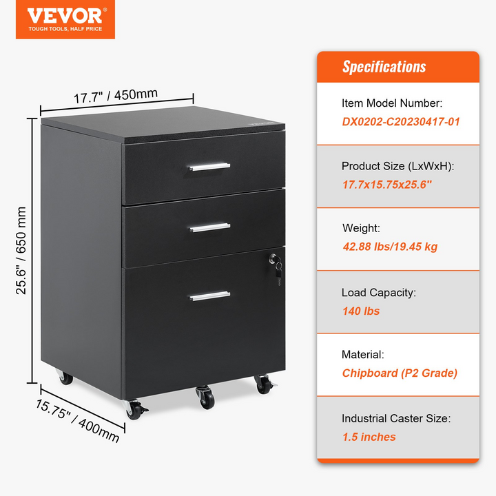 VEVOR File Cabinet, 3-Drawer Wood Filing Cabinet, Locking Office Cabinet for Letter/A4 Size, Black