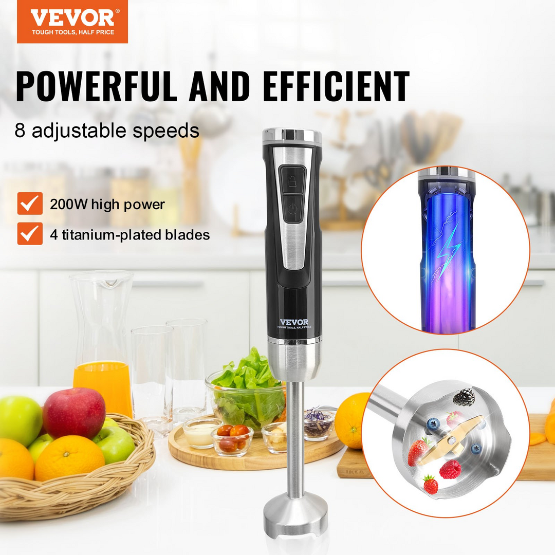 VEVOR Commercial Immersion Blender - 200 Watt 8-Speed Heavy Duty Hand Mixer, Stainless Steel Blade