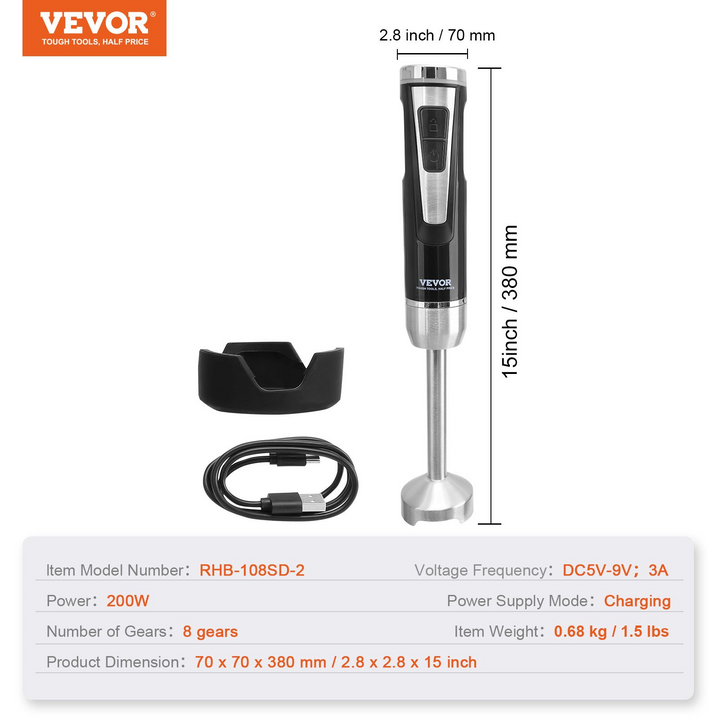 VEVOR Commercial Immersion Blender - 200 Watt 8-Speed Heavy Duty Hand Mixer, Stainless Steel Blade