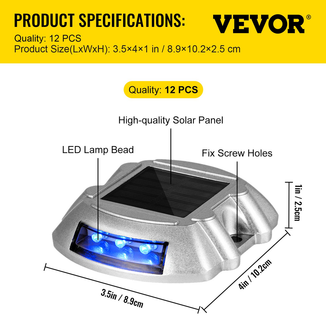 VEVOR Driveway Lights 12-Pack Solar Driveway Lights Bright Blue Solar Deck Lights Outdoor Waterproof Wireless Dock Lights 6 LEDs for Deck Dock Driveway Path Warning Garden Walkway Sidewalk Steps