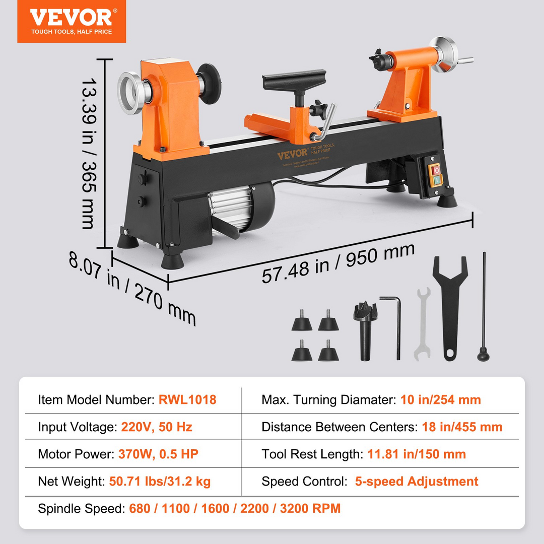 VEVOR Benchtop Wood Lathe, 10 in x 18 in, 0.5 HP 370W Power Wood Turning Lathe Machine, 5 Variable Speeds 780/1320/1920/2640/3840 RPM with Rod Injection Wrenches Faceplate Foot Pads, for Woodworking