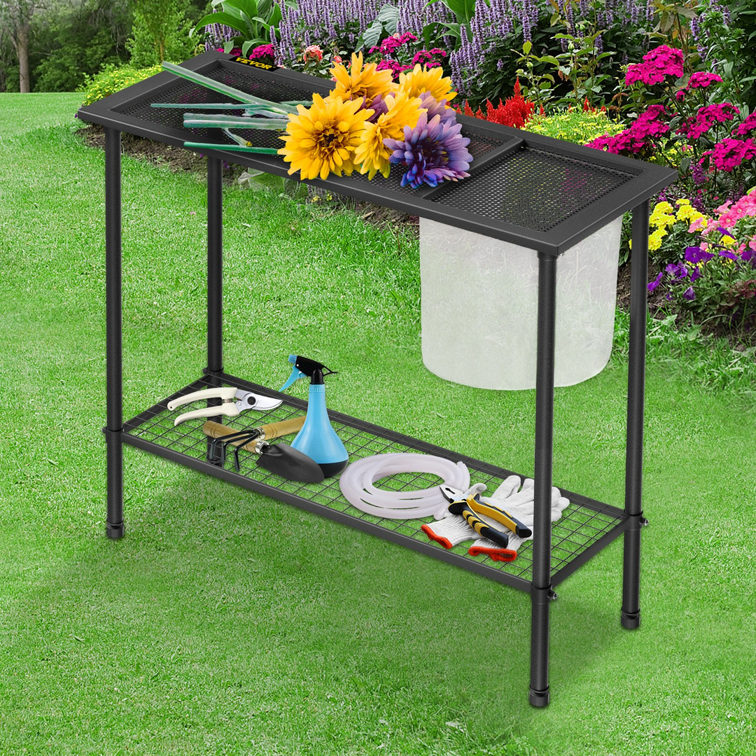 VEVOR Potting Bench - 39" L x 15" W x 33" H Steel Outdoor Workstation with Rubber Feet & Mesh Bag - Multi-use Gardening Table for Greenhouse, Patio, Porch, Backyard - Black