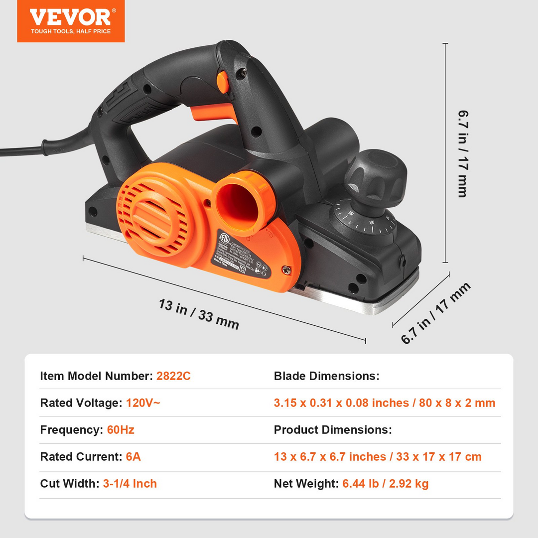 VEVOR Electric Hand Planer, 3-1/4" width Corded Electric Hand Planer, 16500 RPM High-Speed Powerful Electric Handheld Planers for Woodworking, Wood Chamfer DIY, Smooth Finish Carpentry Tool, FCC-SDoC