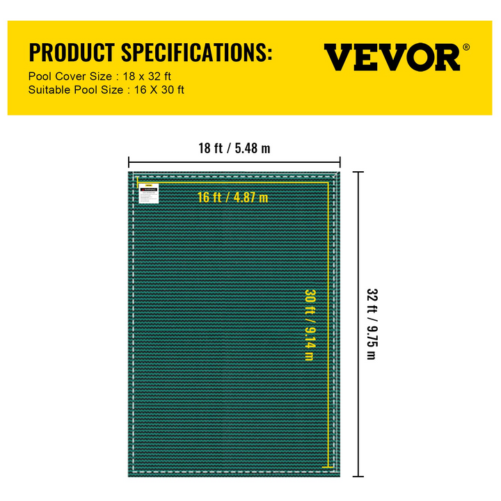 VEVOR Pool Safety Cover for 16x30ft Rectangle Inground Pools - Green Mesh Solid Winter Safety Cover