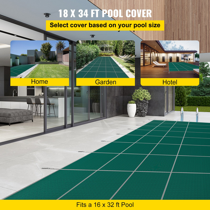 VEVOR Pool Safety Cover 18x34ft Green Mesh for 16x32ft Rectangle Inground Pools with Center End Steps - Winter Swimming Pool Safety Cover