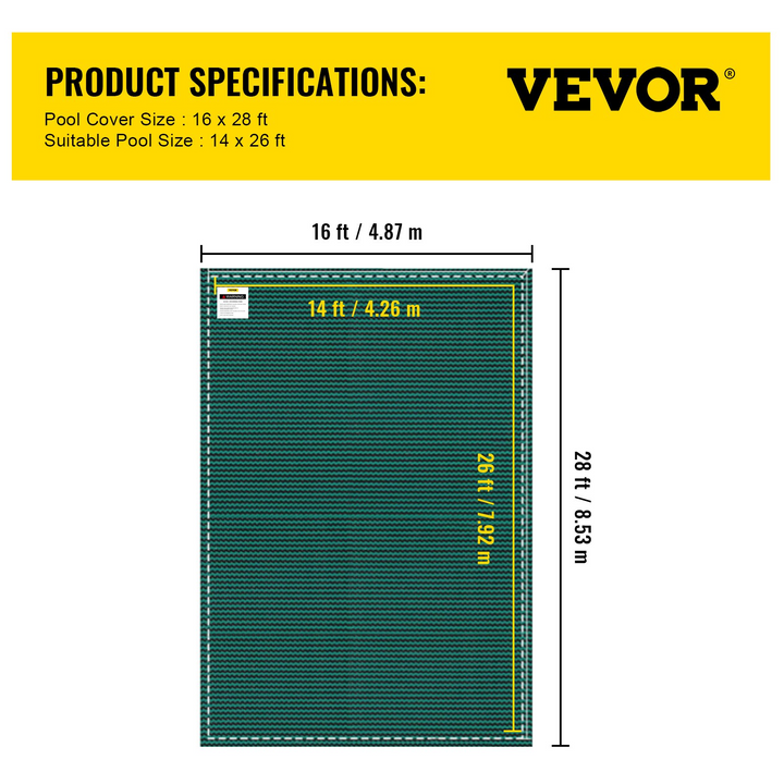 VEVOR Pool Safety Cover for 14x26ft Rectangle Inground Pools - Green Mesh Solid Winter Safety Cover
