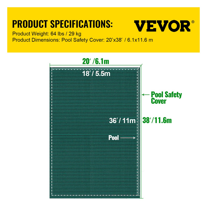 VEVOR Pool Safety Cover 20x38 ft Rectangle Inground Green Mesh Solid Cover