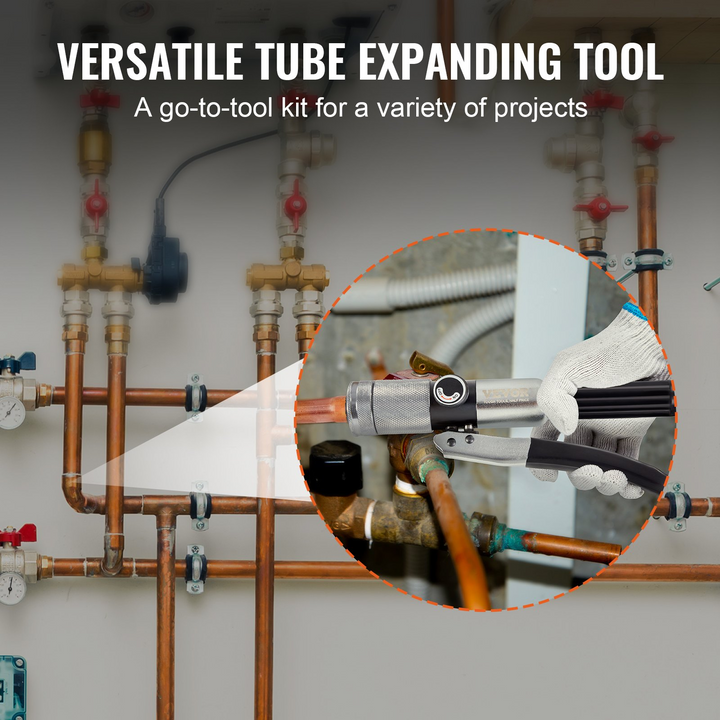 VEVOR Hydraulic Tube Expander, 3/8" to 1-1/8" OD, HAVC Hydraulic Swaging Tool with 7 Pipe Expander Heads, Deburring Tool, Pipe Cutter for Copper Aluminum Brass Soft Steel Pipes