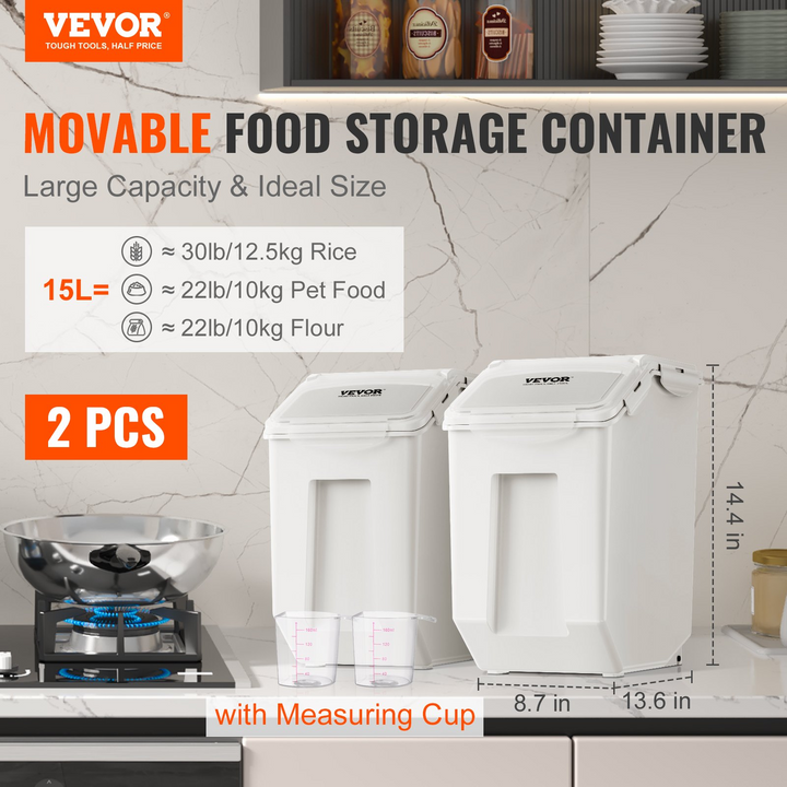 VEVOR Ingredient Storage Bin - 2 x 15L Dispenser Bin Set with Measuring Cups