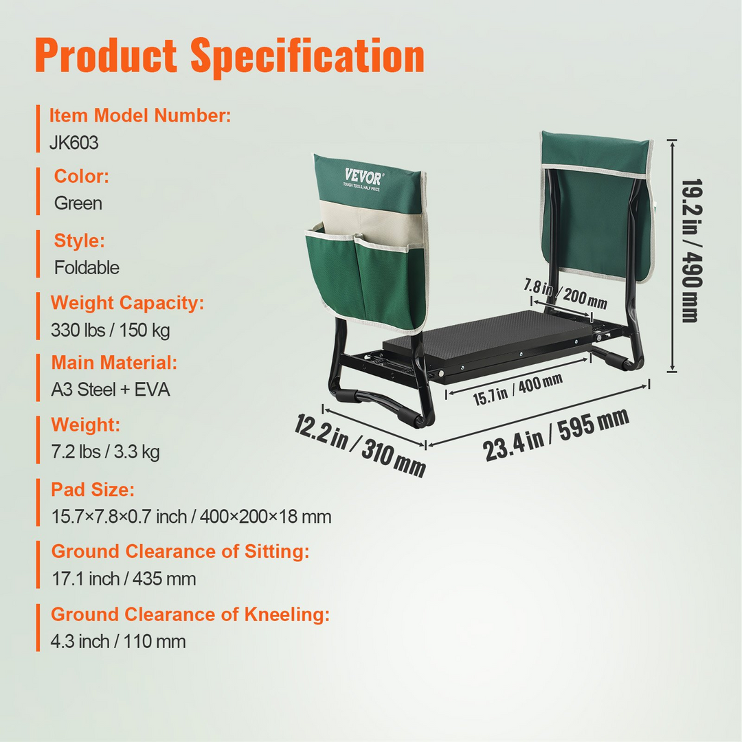 VEVOR Garden Kneeler and Seat, 330 lbs Load Capacity, 8" EVA Wide Pad, Foldable Garden Stool, Kneeling Bench for Gardening with Tool Bag, Gifts for Women, Grandparents, Seniors, Mom and Dad