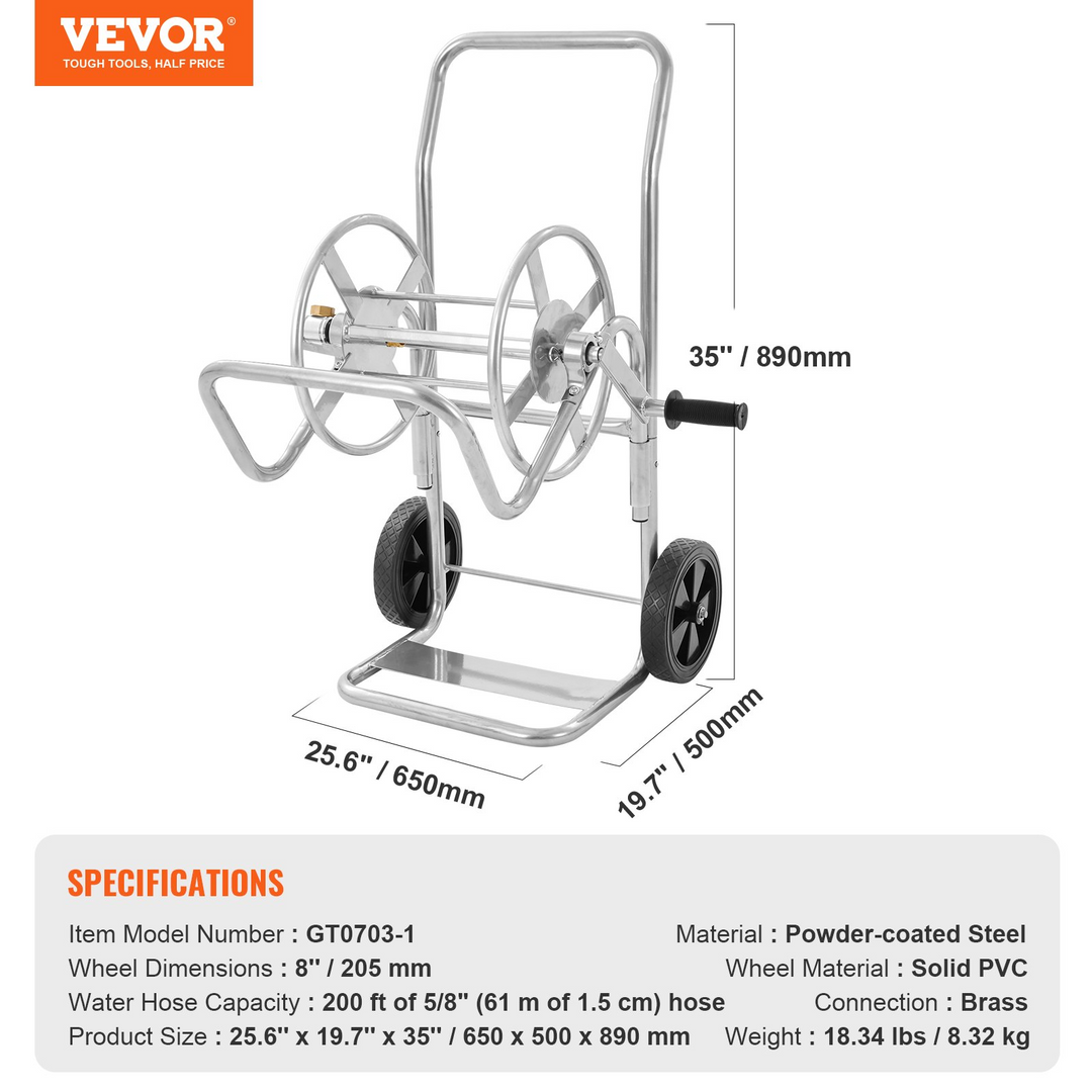 VEVOR Hose Reel Cart, Hold Up to 200 ft of 5/8’’ Hose (Hose Not Included), Garden Water Hose Carts Mobile Tools with Wheels, Heavy Duty Powder-coated Steel Outdoor Planting for Garden, Yard, Lawn