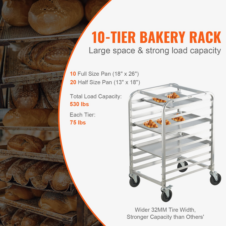 VEVOR Bun Pan Rack, 10-Tier Commercial Bakery Racks with Brake Wheels, Aluminum Racking Trolley Storage for Half & Full Sheet, Speed Rack For Kitchen Home, Bread Baking Equipment, 26"L x 20.3"W x 39"H