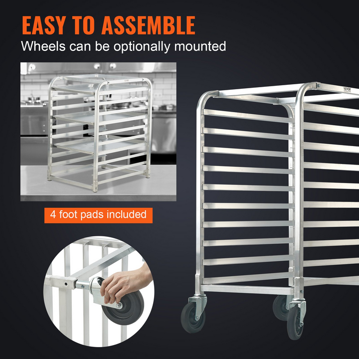 VEVOR Bun Pan Rack, 10-Tier Commercial Bakery Racks with Brake Wheels, Aluminum Racking Trolley Storage for Half & Full Sheet, Speed Rack For Kitchen Home, Bread Baking Equipment, 26"L x 20.3"W x 39"H