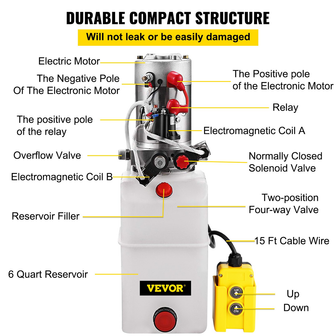 VEVOR Hydraulic Power Unit 6 Quart Double Acting Pump DC12V - Dump Truck Dump Trailer