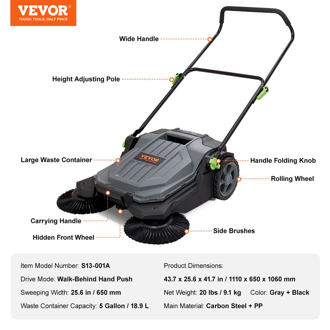 VEVOR Manual Floor Sweeper with Adjustable Handle - Efficient Outdoor Cleaning Solution